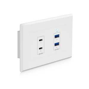 In-wall USB charging panel with two USB-C ports and two USB-A ports, blue LED indicator.