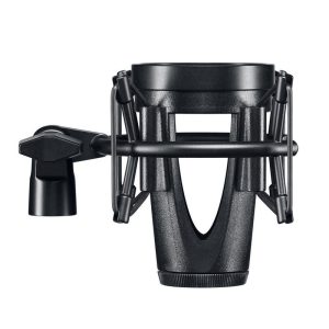Black microphone shock mount with adjustable spider arms for studio recording.