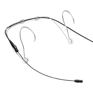 Wired in-ear headset with metal ear hooks, clear silicone ear tips, and inline microphone.