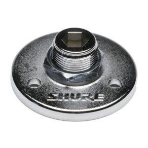 Shure chrome circular microphone stand base with threaded stud and two screw holes.