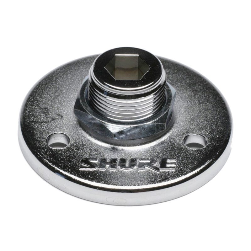 Jands Mounting Flange-Silver 5/8&Quot; 27 Tpi Thread For Micclip Or Gooseneck; 3 Screw Holes Shure chrome circular microphone stand base with threaded stud and two screw holes.