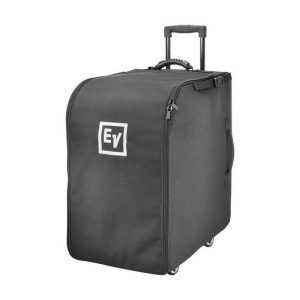 EV-branded soft-sided rolling suitcase in dark gray with telescoping handle and four wheels.