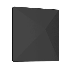 Dark gray rectangular external hard drive with rounded corners and faceted geometric surface.
