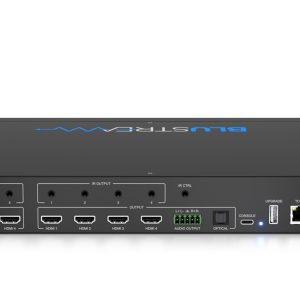 Blustream MX-44AVW 4x4 HDMI matrix switch with IR input/output, audio input/output, RS-232, USB upgrade, and TCP/IP.