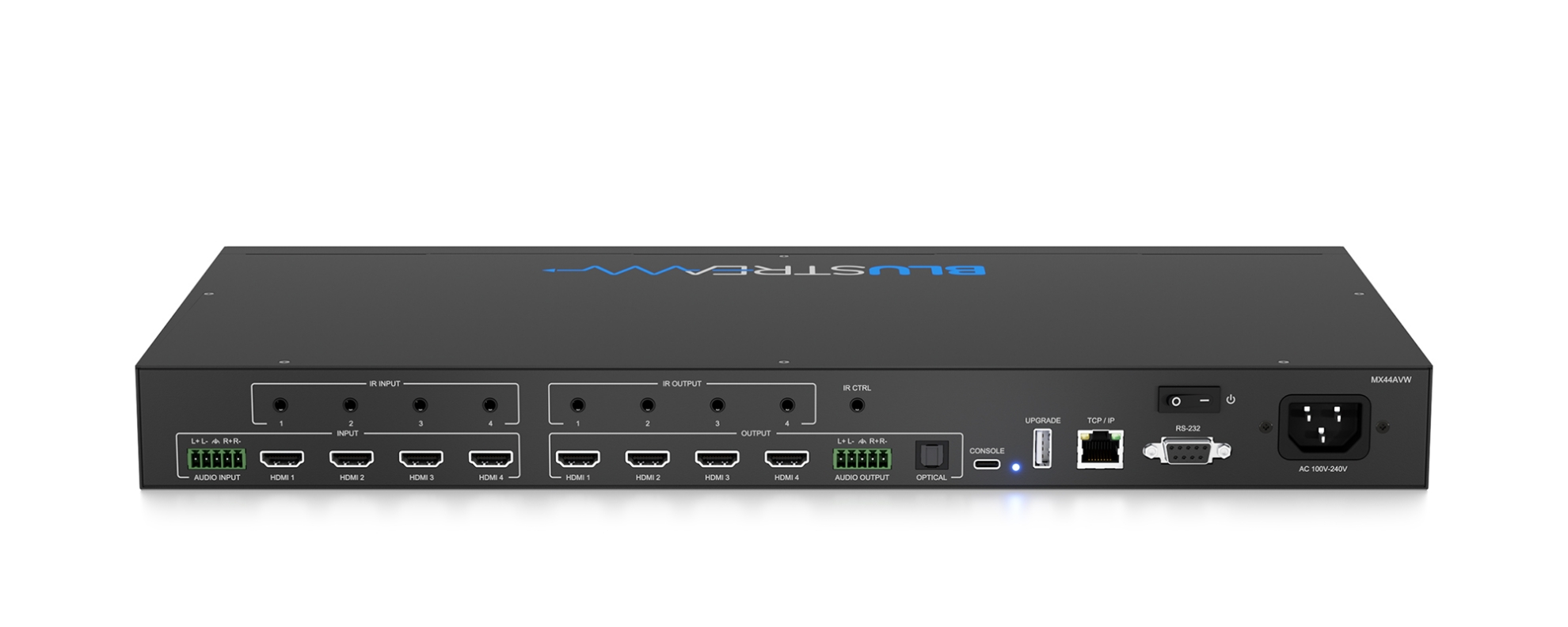 Blustream Mx44Avw Blustream mx-44avw 4x4 hdmi matrix switch with ir input/output, audio input/output, rs-232, usb upgrade, and tcp/ip.