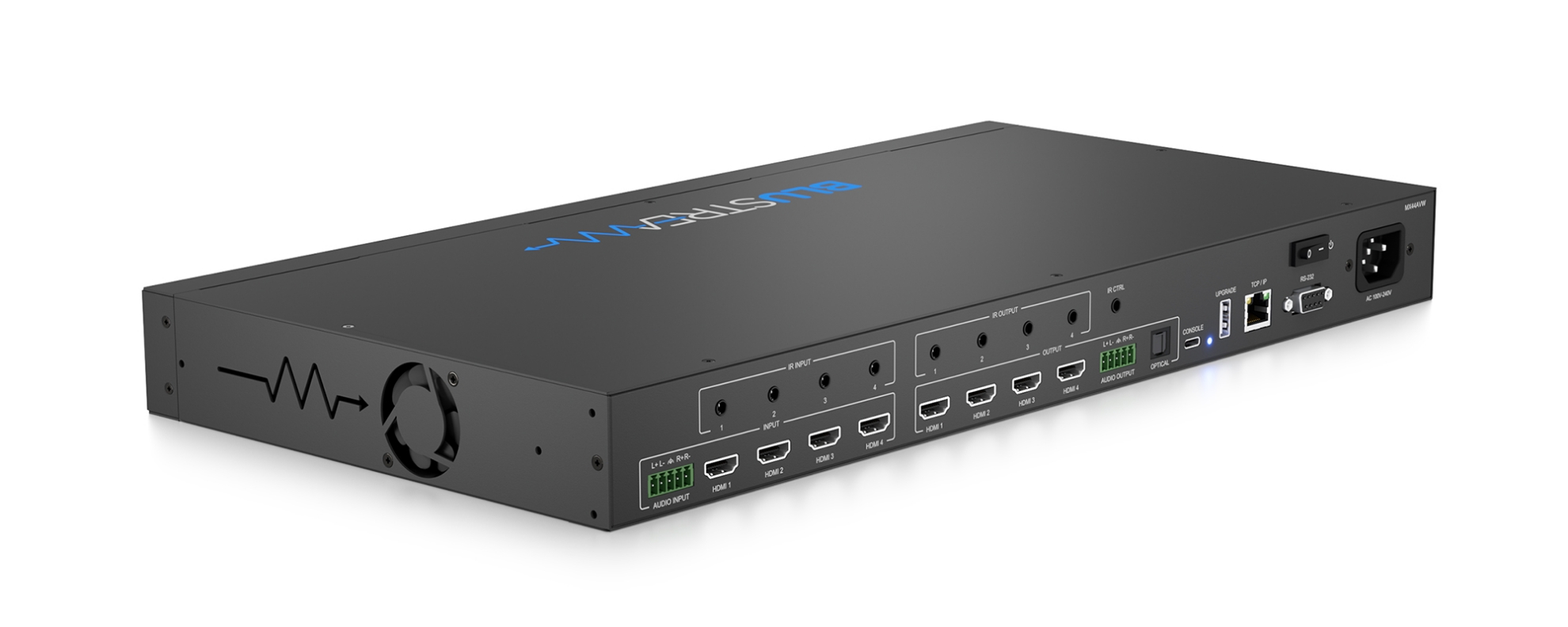 Blustream Mx44Avw 4x4 hdmi matrix switcher with audio input, ir/rs-232 control, in a dark rack-mount metal chassis