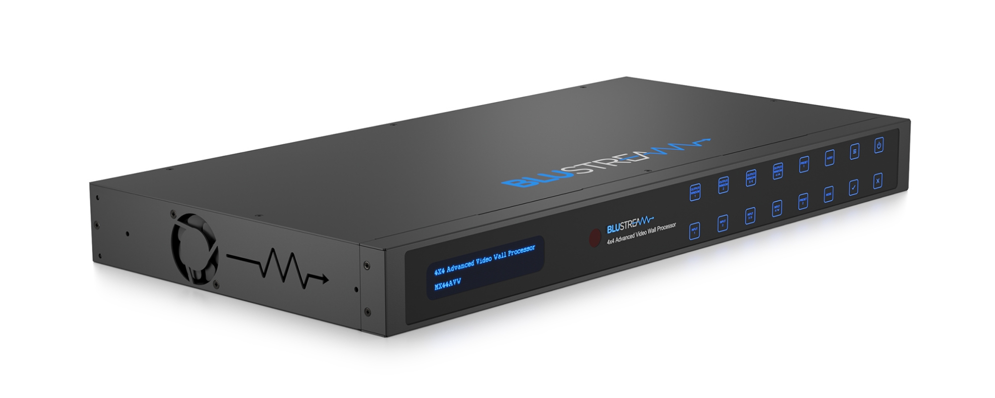 Blustream Mx44Avw Blustream 4x4 advanced video wall processor mx44vv, a black rack-mountable device with front lcd display and blue status icons.