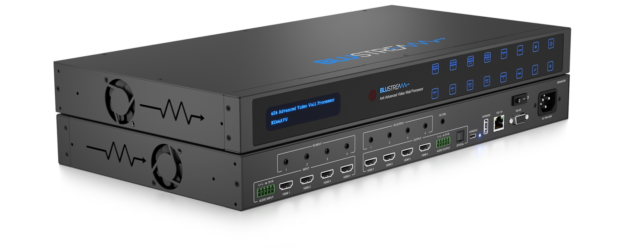 Blustream Mx44Avw Blustream 4x4 advanced video wall processor, 2u rack-mount with hdmi inputs, outputs, and front panel display.