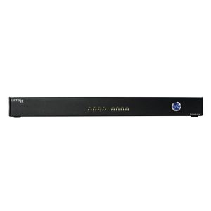 1U black rack-mount audio server with multiple LED indicators and a blue circular power button.