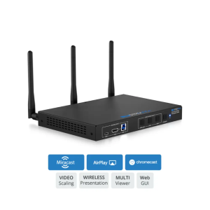 Blustream wireless presentation hub with three external antennas, HDMI/USB input ports, supports Miracast, AirPlay, and Chromecast.