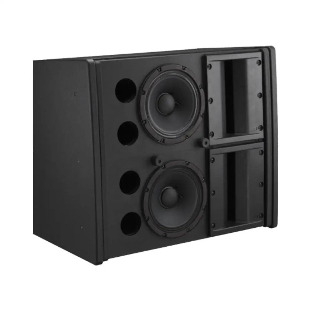 Electro-Voice Loudspeaker Line Array Passive 90° X 6° Indoor – 2X 8&Quot; Lf, 4X 1.25&Quot; Hf, Black Black loudspeaker cabinet with two large round drivers and dual rectangular vented panels on the right side.