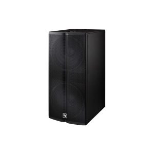 Electro-Voice black professional loudspeaker cabinet with a perforated two-panel front grille.