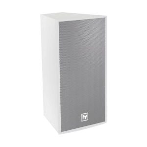 Electro-Voice white speaker cabinet with gray perforated grille and EV logo.