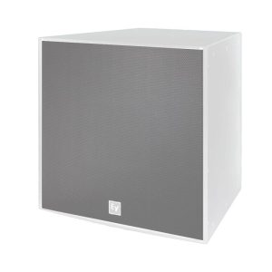 EV loudspeaker cabinet with white enclosure and gray perforated front grille.