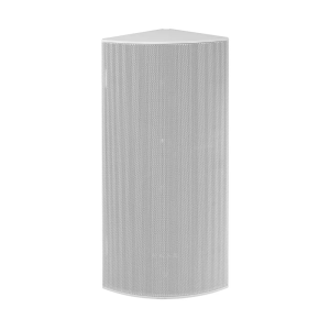 Tall cylindrical wireless speaker with a white perforated metal grille.