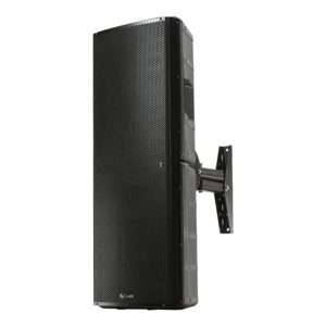 Tall black line-array loudspeaker with wall-mount bracket and perforated grille.