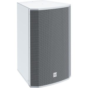Electro-Voice loudspeaker cabinet with white enclosure, perforated grille, and EV logo.
