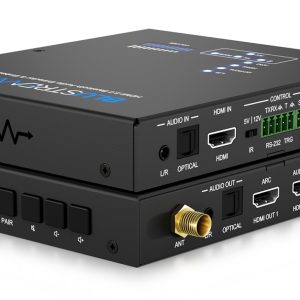 Black HDMI AV distribution switch with multiple inputs and outputs, optical and IR interfaces, RS-232, and antenna connector