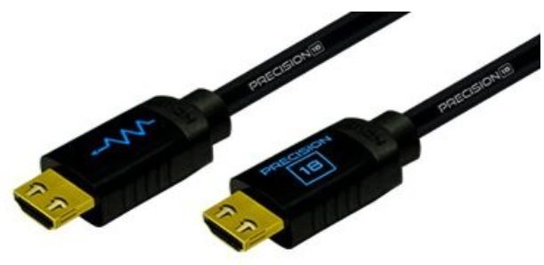 Blustream Hdmi18G-100V2 Precision hdmi cable with gold-plated connectors and blue indicator display on the black housing.