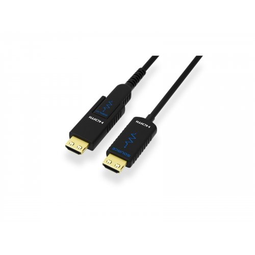 Blustream Hdmi18G-100V2 Black hdmi cable with gold-plated connectors and blue branding on compact housing.
