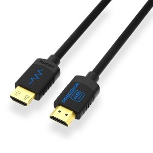 Pair of HDMI cables with gold-plated connectors and black housings, right plug shows Precision branding in blue.