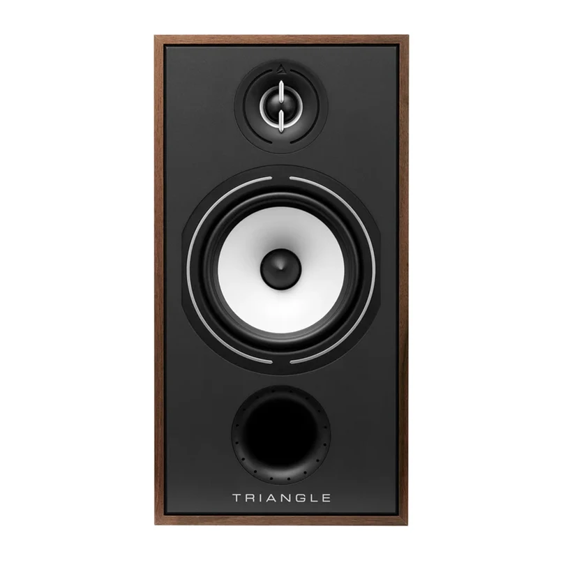 Triangle Borea Br04 Bookshelf Speaker Triangle floor-standing loudspeaker with black front panel, white woofer, circular port, and wood veneer frame.