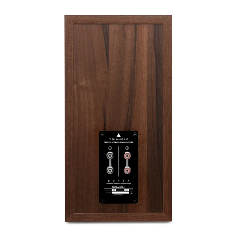 Triangle Borea Br04 Bookshelf Speaker Triangle borea br04 loudspeaker back panel in wood veneer with a black dual binding-post plate and red and black terminals.