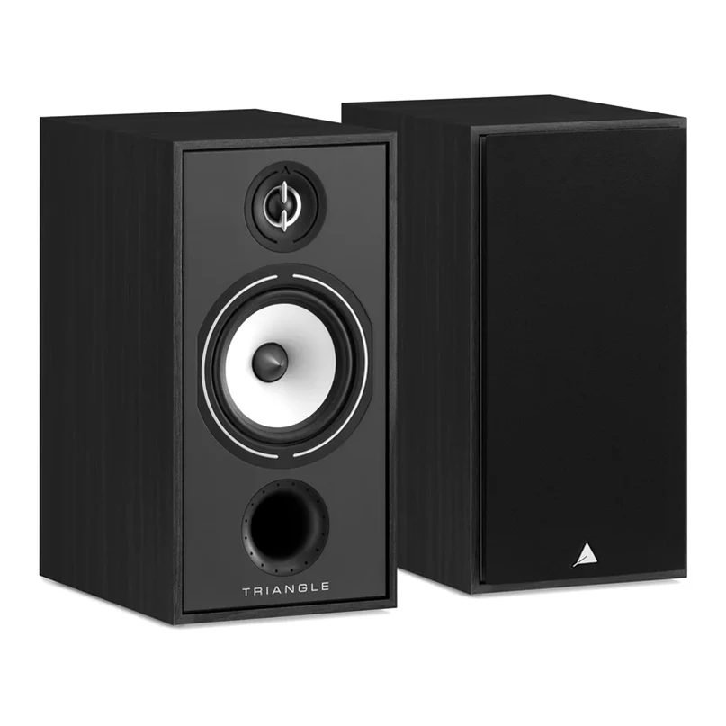 Triangle Borea Br04 Bookshelf Speaker Triangle black wood veneer bookshelf speakers with front panel showing a tweeter, white woofer, and bass port.