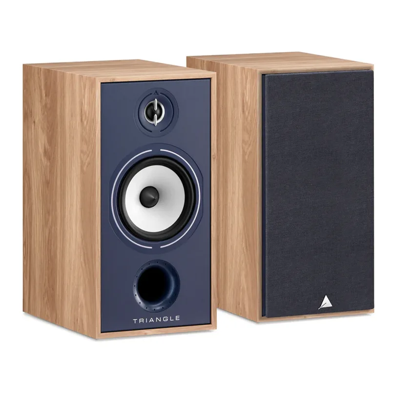 Triangle Borea Br04 Bookshelf Speaker Triangle bookshelf speakers in natural wood veneer with blue front panel, featuring woofer, tweeter, port, and fabric grille.