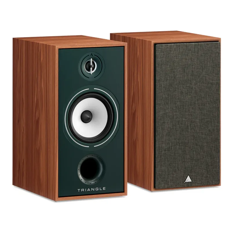 Triangle Borea Br04 Bookshelf Speaker Triangle bookshelf speakers with wood veneer; left unit shows green front panel with white woofer, right unit with fabric grille.