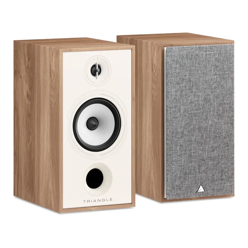 Triangle Borea Br04 Bookshelf Speaker Triangle bookshelf speakers in oak veneer, one with grille, front shows tweeter, woofer, and circular port.