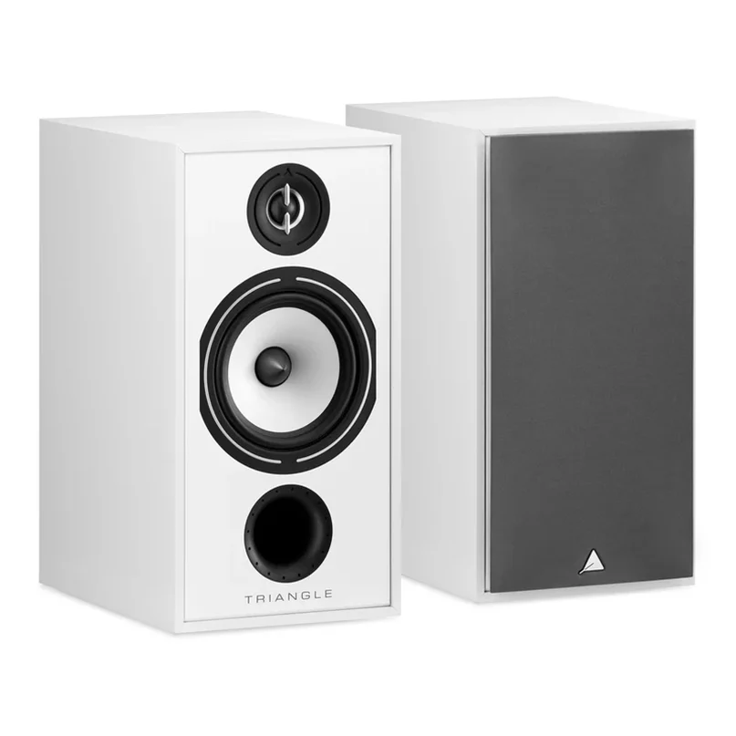 Triangle Borea Br04 Bookshelf Speaker Triangle white bookshelf speakers; left front shows tweeter, woofer, and port, right speaker with grille