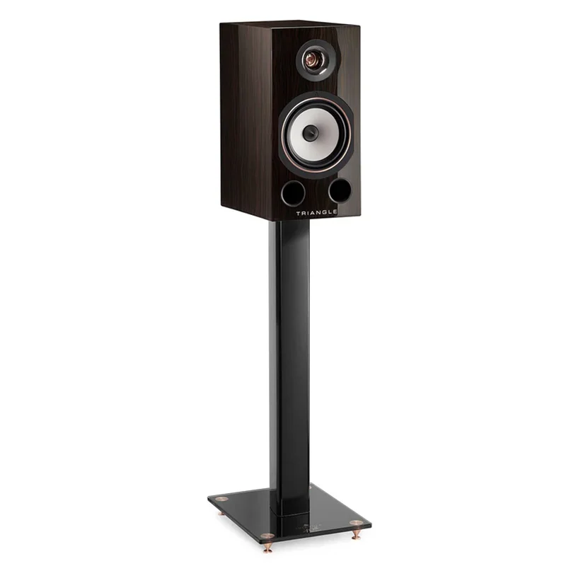 Triangle Comète Ez 40Th Anniversary Hi-Fi Bookshelf Speaker Triangle stand-mounted bookshelf speaker on a black metal stand with dark wood cabinet and visible woofer and tweeter