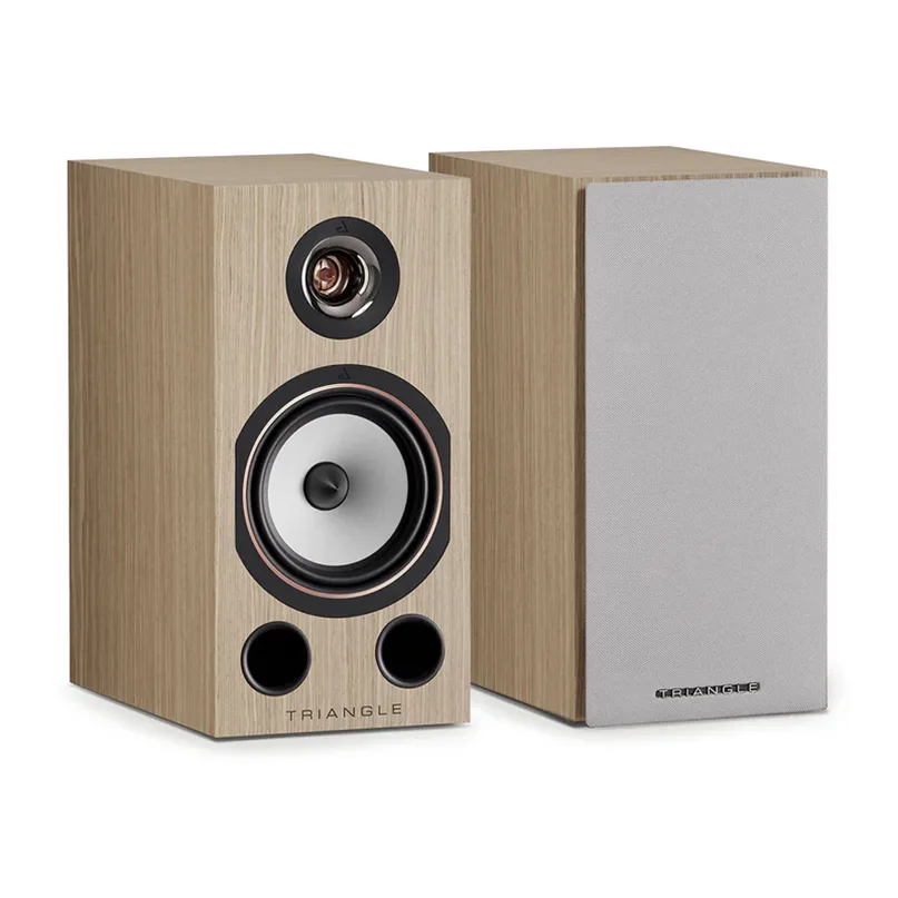 Triangle Comète Ez 40Th Anniversary Hi-Fi Bookshelf Speaker Triangle bookshelf speakers with natural wood veneer, visible woofer and tweeter, two ports, and removable fabric grille.