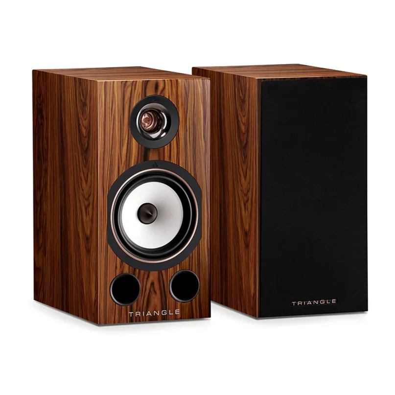 Triangle Comète Ez 40Th Anniversary Hi-Fi Bookshelf Speaker Triangle wood veneer bookshelf speakers; front view shows white woofer, small tweeter, dual bass ports, and one grille-covered cabinet.
