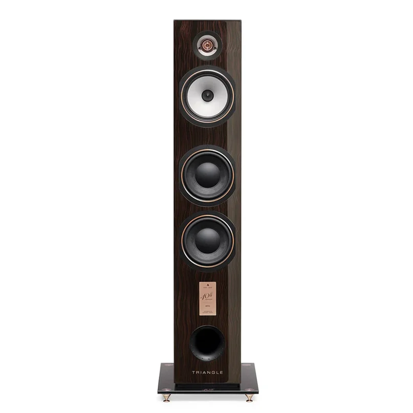 Triangle Antal Ez 40Th Anniversary Hi-Fi Floorstanding Speaker Triangle floorstanding loudspeaker in wood veneer with four drivers (tweeter, white midrange, and two woofers) and a bass port.