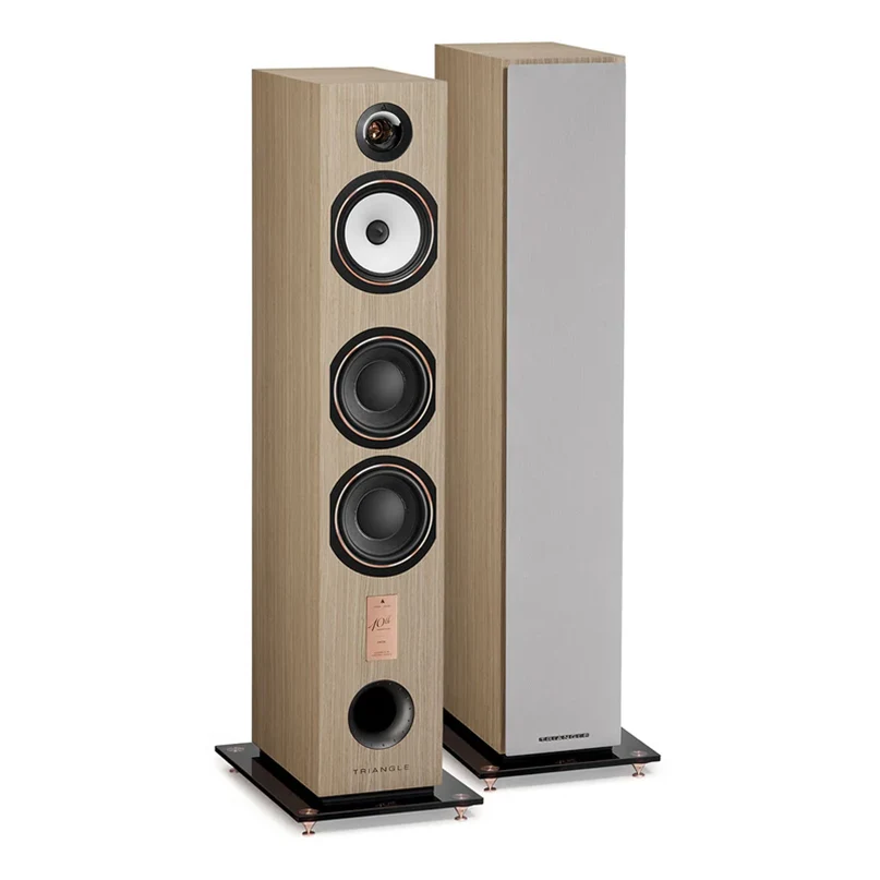Triangle Antal Ez 40Th Anniversary Hi-Fi Floorstanding Speaker Triangle floor-standing loudspeakers pair; wood veneer left speaker with tweeter, midrange, and two black woofers; gray cabinet on the right.