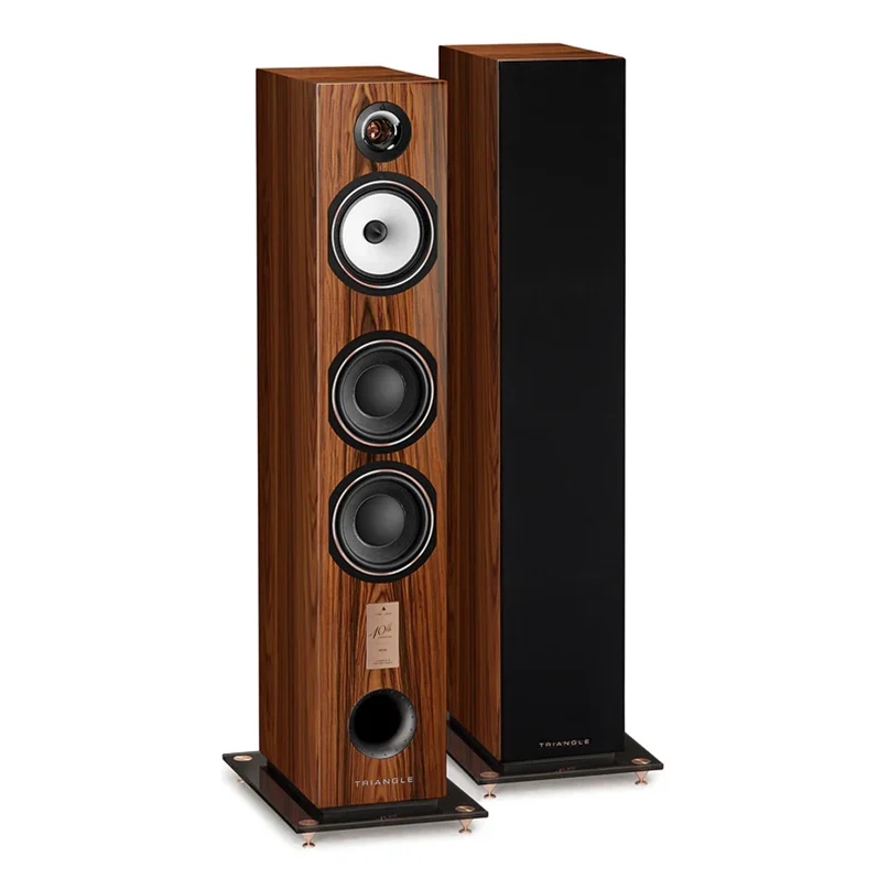 Triangle Antal Ez 40Th Anniversary Hi-Fi Floorstanding Speaker Triangle walnut veneer floorstanding speakers with four-driver front panel comprising tweeter, midrange, and two woofers, plus bass port