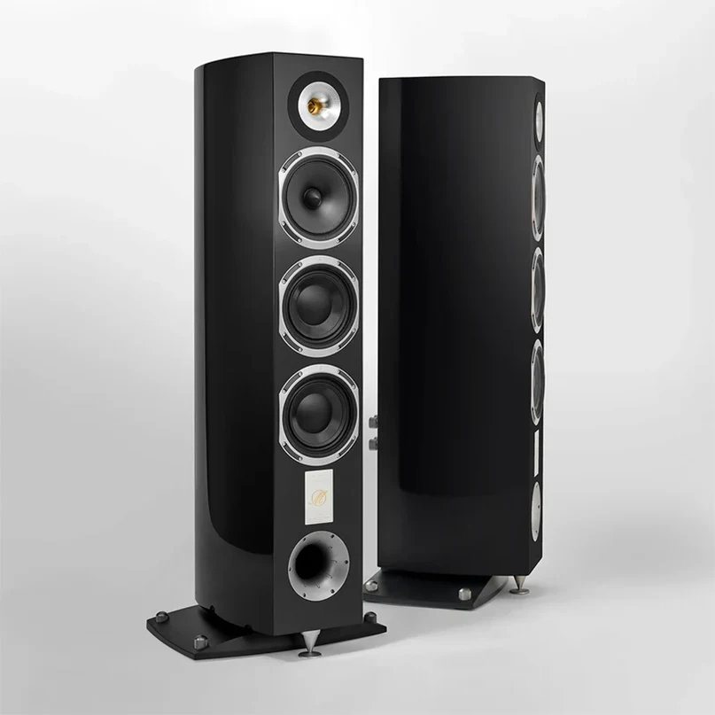 Triangle Magellan Cello 40Th Hi-Fi Floorstanding Speaker Pair of black floorstanding speakers with multiple drivers, chrome rings, and a front bass port.