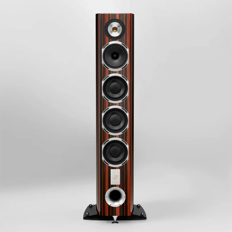 Triangle Magellan Quatuor 40Th Hi-Fi Floorstanding Speaker Floorstanding loudspeaker with vertical striped wood veneer, five drivers including a small tweeter and four large woofers, and a port.