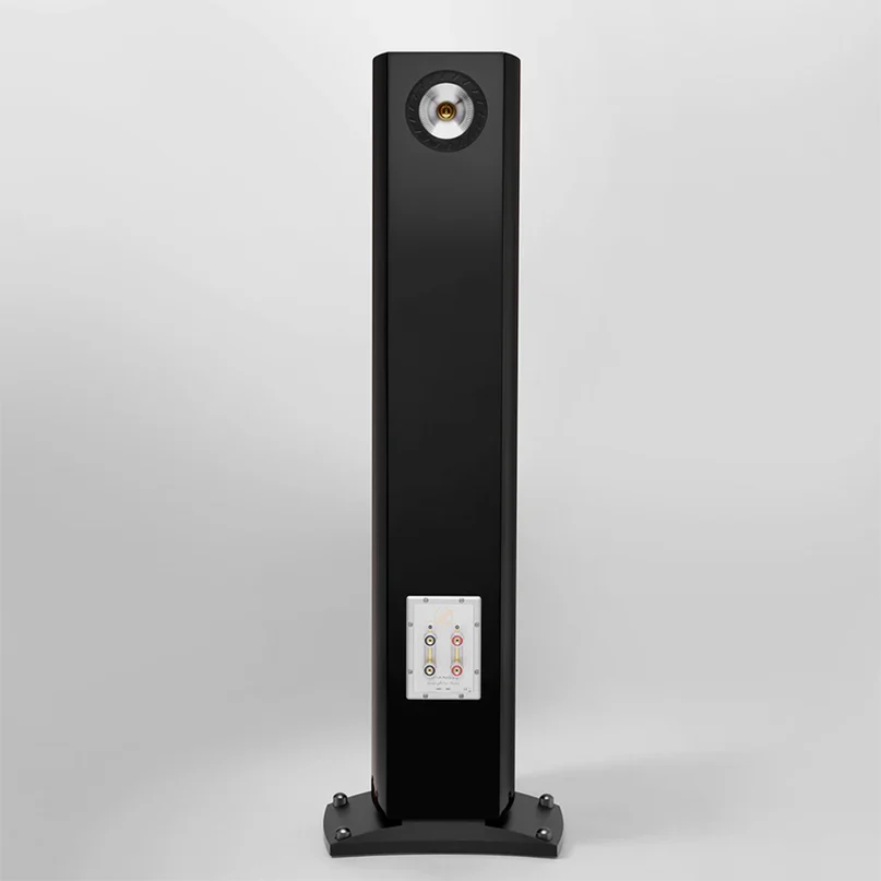 Triangle Magellan Quatuor 40Th Hi-Fi Floorstanding Speaker Tall black floor-standing loudspeaker with a round top driver and a white binding-post terminal panel on the front.