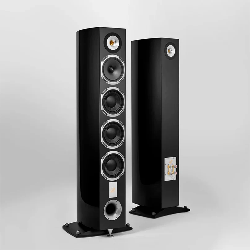 Triangle Magellan Quatuor 40Th Hi-Fi Floorstanding Speaker Pair of black floor-standing loudspeakers with multiple drivers and metal ring surrounds, back panel with binding posts visible