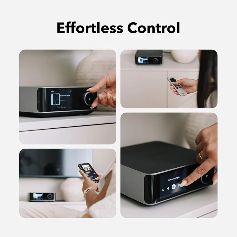 Wiim Amp Ultra Wireless Audio Streaming Amplifier Compact black streaming media player with front display and round control dial on a shelf.