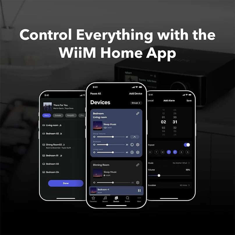 Wiim Amp Ultra Wireless Audio Streaming Amplifier Wiim home app interface on three smartphones with dark mode showing room-based device controls.