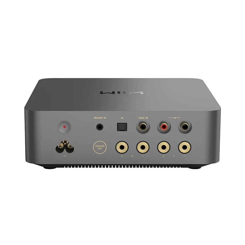 Wiim Vibelink Amp – 200W Stereo Power Amplifier Gray stereo amplifier with multiple rca inputs and speaker output jacks on rear panel, including coax input and trigger input.