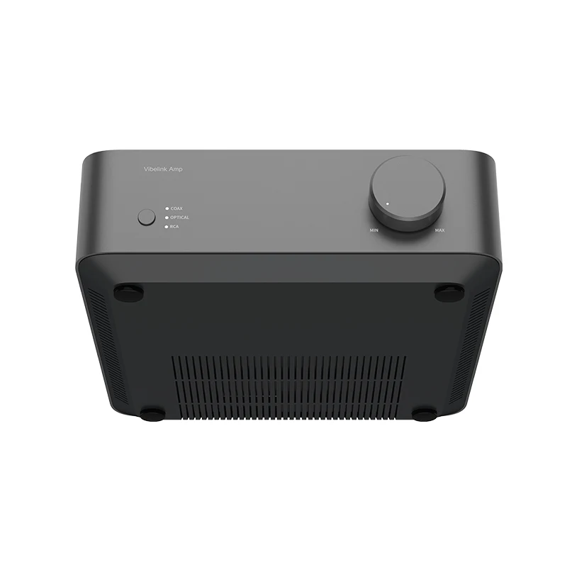 Wiim Vibelink Amp – 200W Stereo Power Amplifier Vibelink amp audio amplifier with coax, optical, and rca input indicators and a large volume dial.