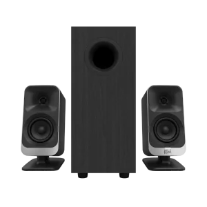 A black Klipsch ProMedia Lumina 2.1 computer speakers system with a tall central subwoofer and two smaller satellite speakers on either side, shown on a white background.
