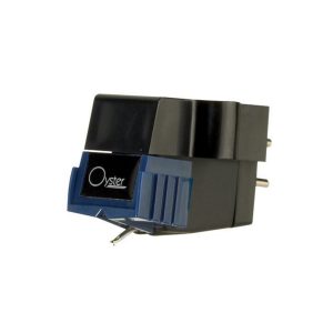 Oyster phono cartridge with blue front housing, black body, and exposed stylus.