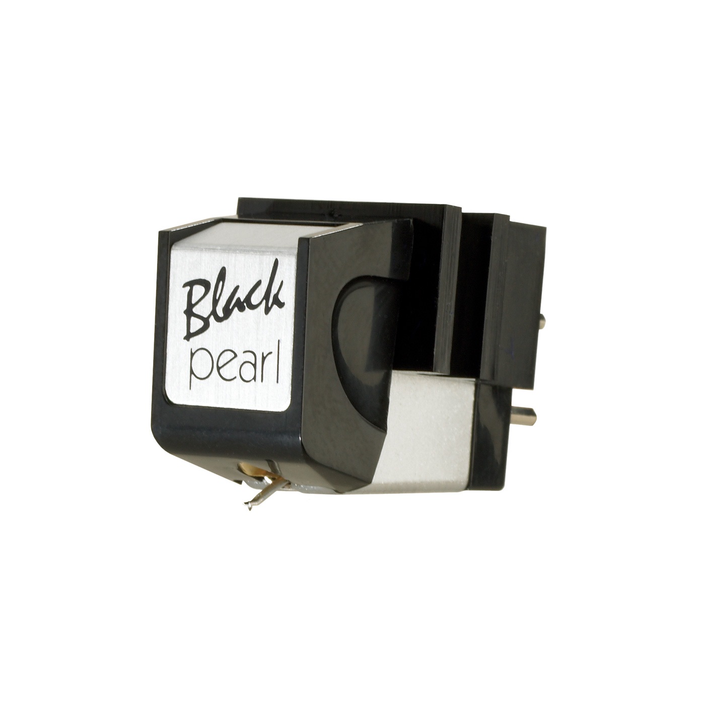 Sumiko Black Pearl Mm Cartridge Phono cartridge, black pearl model, black housing with silver label, two pins, and visible stylus.