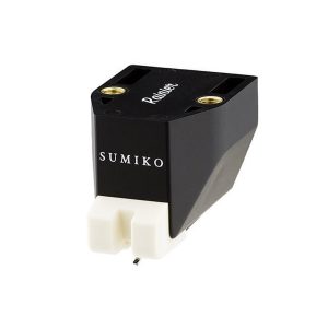 Sumiko Rainier phono cartridge in black with gold mounting posts and white connector for turntable tonearm